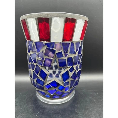Castiçal antigo interior patriótico mosaico vermelho branco azul 5,5" x 4,25" - Imagem 1 de 4
