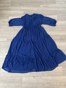Torrid Maxi Chiffon Clip Dot Pleated Dress Womens 00 Blue 3/4 Sleeve V Neck - Picture 1 of 6