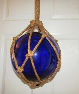 VINTAGE COBALT BLUE GLASS FISHING/LOBSTER BUOY with ROPE NETTING (10" wide) - Picture 1 of 4