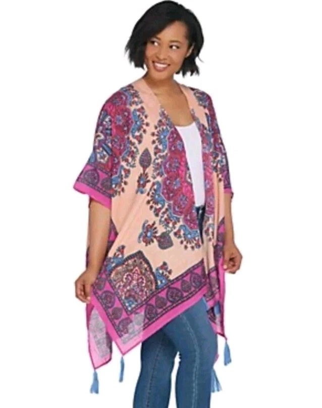 Theodora & Callum Frontal Abierto Impreso Ruana con Borlas Cubierta Coral 203 Foto 1 de 4