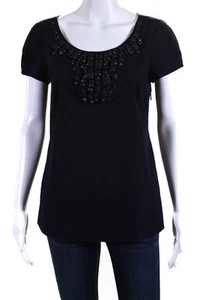 J Crew Womens Navy Blue Embellished Scoop Neck Short Sleeve Blouse Top Size 6 - Picture 1 of 7