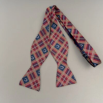 Pajarita de seda Gallo roja azul a cuadros carreras de caballos herraduras autocorbata ajustable Foto 1 de 4