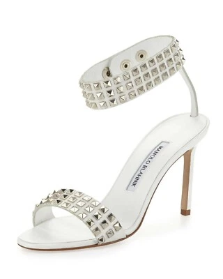 Sandálias Manolo Blahnik Rocco cravejadas de couro branco com alça de tornozelo tamanho. 38 - Imagem 1 de 4