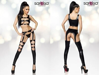 SARESIA WETLOOK SET TOP STRAPSHALTER TOP STRING STRÜMPFE schwarz clubwear gogo  - Bild 1 von 4