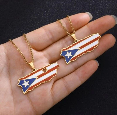 Collar Puerto Rico Mapa Bandera Colgante Acero Inoxidable Puertorriqueños Nueva Joyería Foto 1 de 3