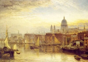 Print of vintage scene of costal town with sailing boats - Picture 1 of 1