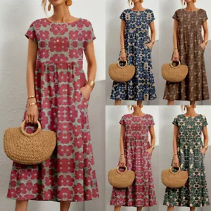 Cotton Linen Women Floral Crew Neck Midi Dress Short Sleeve Casual Loose Dresses - Picture 1 of 15