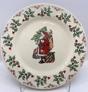 VINTAGE Gibson Christmas “Santa & Holly” Dinner Plates, PAIR (2)