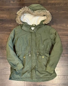 Girls Old Navy Army Green Casual Faux Fur Hood Med Weight Jacket Coat L 10 12 - Picture 1 of 6