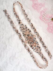 Rose Gold Bridal Applique Beaded w/Pearls Around Crystal Rhinestones 33" (GB625)