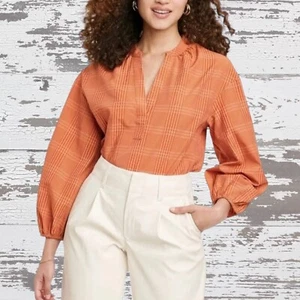 A New Day Top Popover Orange Plaid Long Sleeve V Neck Blouse Women Size Small - Picture 1 of 12