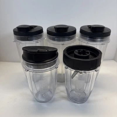 Lot Of 5 NUTRI NINJA Blender 24 oz 16 oz Clear Cups Black Lids Pack To-Go Cups - Image 1 of 4