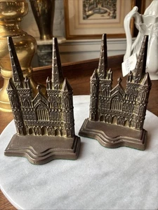 Vtg Lichfield Cathedral Cast Iron Bookends Souvenir Building Brass Gold Tone - Picture 1 of 6