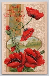 1909 Happy Birthday Poppies – Embossed Floral Postcard – Wessler - Picture 1 of 3