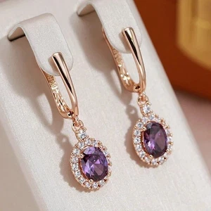 2.50 Ct Oval Cut Simulated Purple Amethyst Drop Earrings In 14k Rose Gold Plated - Picture 1 of 6
