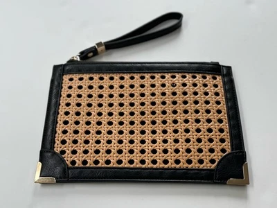 wicker woven clutch zip top wristlet black Vegan Trim tan gold hardware preowned - Image 1 of 4