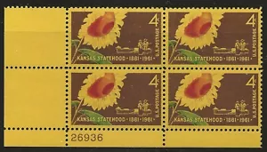 US Scott #1183, Plate Block #26936 1961 Kansas 4c FVF MNH Lower Left - Picture 1 of 1