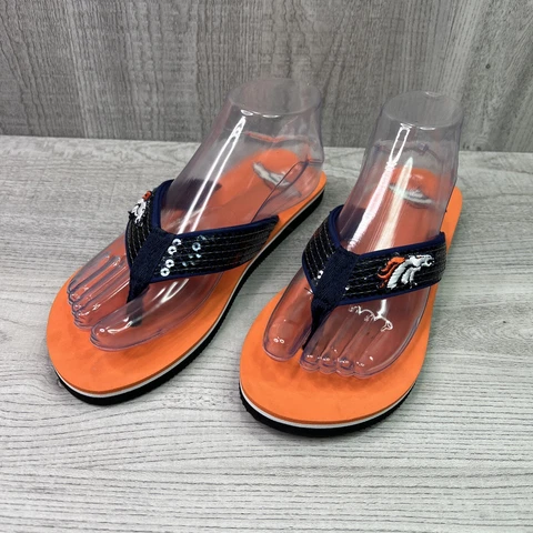 Denver Broncos Flip Flops Shoes Sequence Orange Blue Logo Womenâs Size 7 Cover