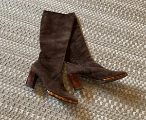 vintage ESCADA Brown Suede Tall Side Zip Tortoise Patent High Heel Boots 8 - Picture 1 of 10
