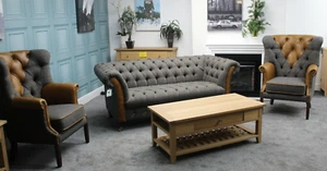 HARRIS TWEED & ANILINE LEATHER BRETBY 2 SEATER SOFA & 2x KENSINGTON WING CHAIRS - Picture 1 of 12