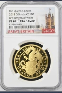 2018 Gold 1oz Queen's Beasts Red Dragon Of Wales PF70UC (w/Box & COA) Ultra Rare - Picture 1 of 8