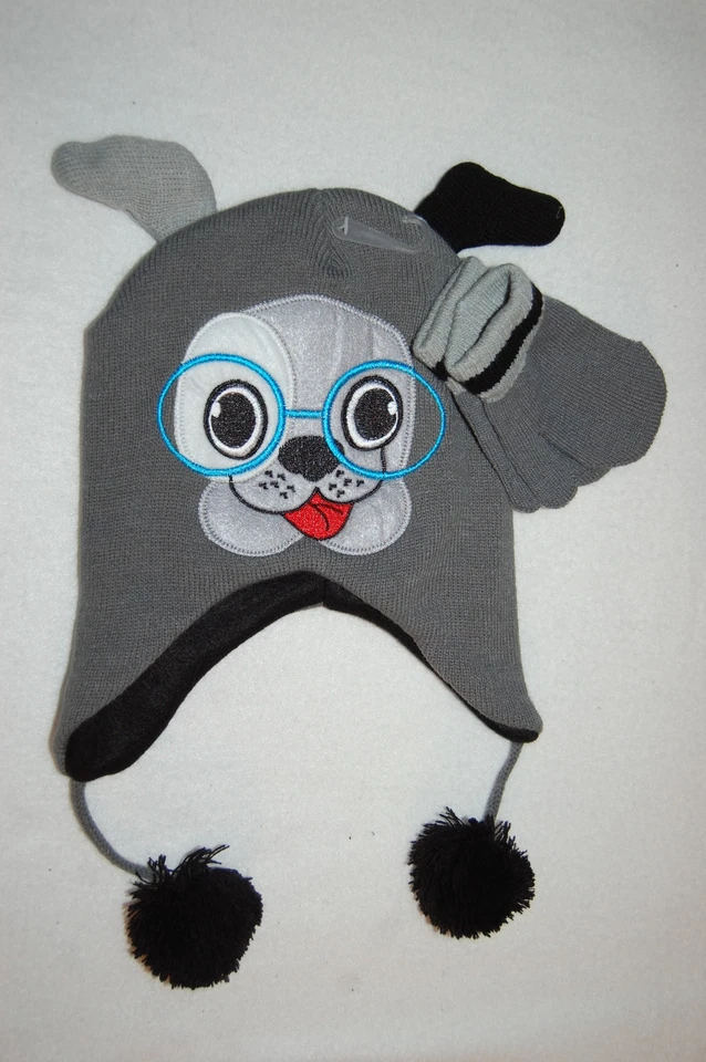 Toddler Boys WINTER HAT & MITTENS Animal Critter CUTE PUPPY DOG w/ GLASSES Gray - Image 1 of 1