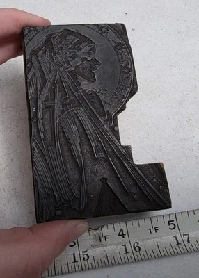 Vintage Letterpress Printing Block Woman Bride? Veil Hat Piece? Flowers - Image 1 of 4