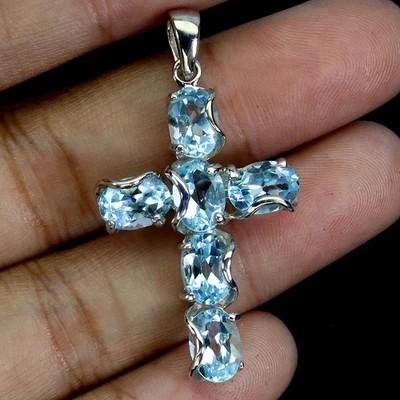 Colgante de plata de ley 925 ovalado topacio azul cielo 7x5 mm cruz piedras preciosas joyería Foto 1 de 4
