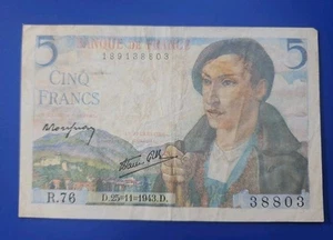 1943 - Banque de France - 5 (fünf) französische Francs Banknote - Bild 1 von 2
