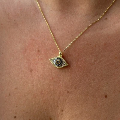 14k Gold Evil Eye Necklace with Lab-Created Sapphire Diamond Protection Necklace - Image 1 of 4