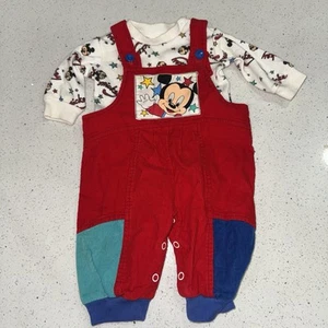 Vintage 80s Mickey Mouse Red Color Block Corduroy Baby Overalls 90s Disney - Picture 1 of 17