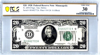 1928 $20 Federal Reserve Note (Minneapolis) PCGS 30 VF Fr.2050-I - Image 1 of 3
