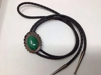 Sterling Silver Malachite Bolo Tie W/ Black Leather Tie Signed  Foto 1 de 4