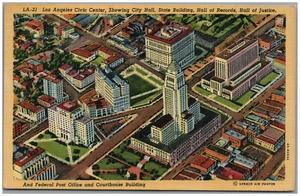 Postal de lino de Los Angeles Civic Center California 1952 vista aérea - Imagen 1 de 2
