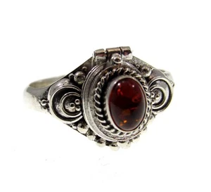Handmade Solid 925 Sterling Silver Bali Oval Baltic Amber Poison Pill Box Ring - Picture 1 of 6