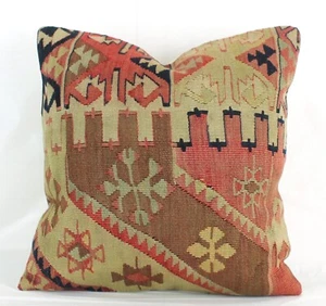 Decorative Turkish Kilim Pillow Cover 18" Vintage Green Brown Kilim Sofa Pillow - Picture 1 of 9
