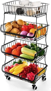 Cesta de almacenamiento de frutas y verduras cestas de alambre de metal apilables de 4 niveles con ruedas - Imagen 1 de 8