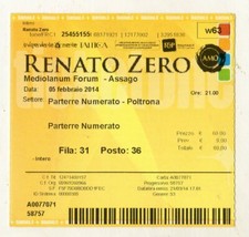 BIGLIETTO TICKET CONCERTO RENATO ZERO AL FORUM DI ASSAGO  MILANO  5-2-2014