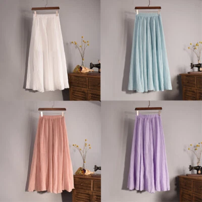 Women Dress Summer Boho Beach Maxi Skirt Solid Long Elastic Waist Pleated - Image 1 of 4