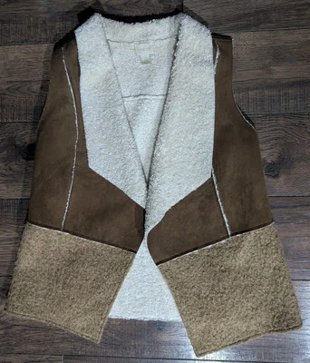 Chicos Sleeveless Vest Womens XL Tan Faux Suede w/ Sherpa Accents Wool Blend - Image 1 of 4