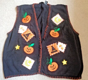 VINTAGE IN RESOURCE DAMEN HALLOWEEN STRICKWESTE MIT APPLIKATION KÜRBISSE/SCHWARZE MÜTZE GRÖSSE 3X-A4 - Bild 1 von 8