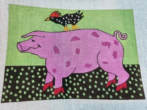 Maggie~Gabriella Denton Fancy Pig In High Heels & Bird ~Needlepoint Canvas - Picture 1 of 10
