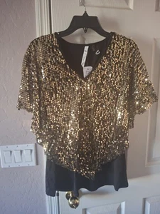 NY COLLECTION Top Black With Gold Sequins Womens Small - Imagen 1 de 5