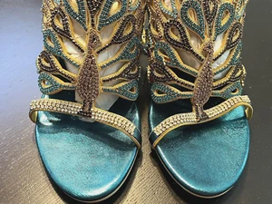 Honeystore Womens Rhinestone Peacock Patterned Handmade Sandals Chunky Heel New - Picture 1 of 14