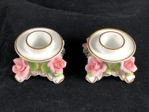 Vintage  ALKA Kunst  Dresden Rose Pair of 2 Porcelain Rose Candle Holders - Picture 1 of 4