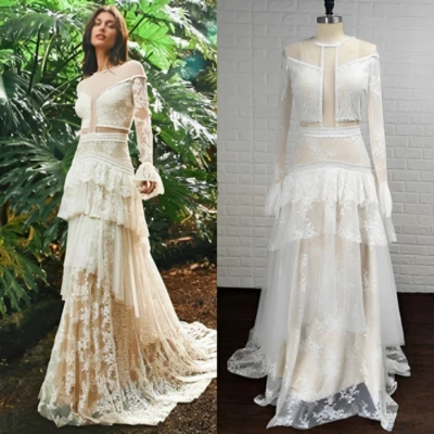 Vestido de novia bohemio de encaje, hecho a medida con capas mangas largas playa vestido de novia Foto 1 de 4