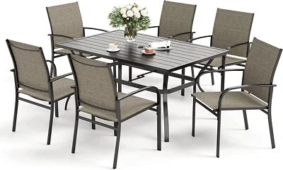 PHI VILLA 7 Piece Patio Furniture Set Outdoor Rectangle Metal Table Patio Dining Chair Set
