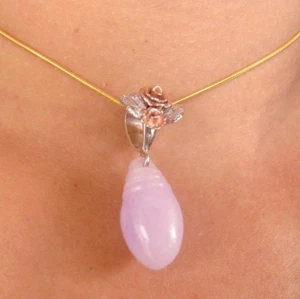 Natural BURMA LAVENDER "A" JADEITE JADE Cabochon Pendant w/ 22K Gold Vermeil - Picture 1 of 5