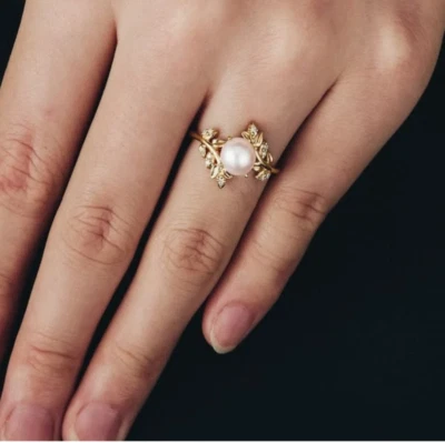 Vintage Water Pearl Engagement Ring 14K Gold Moissanite Cluster Wedding Ring Nat - Image 1 of 4