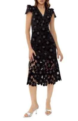 Nuevo con etiquetas Vestido Adelyn Rae Mia Cuentas Floral Bordado Midi Negro Terciopelo - Talla XS Foto 1 de 3